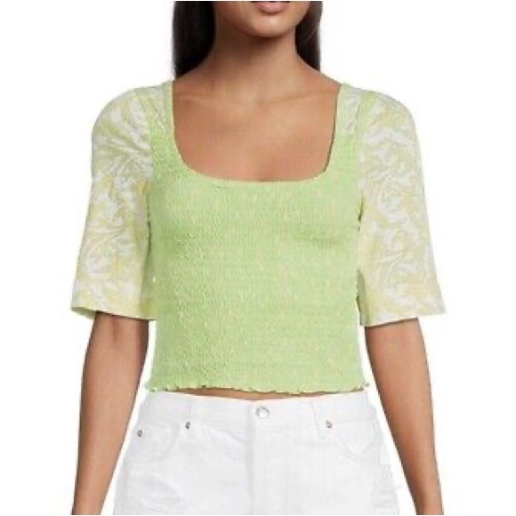 NWT Free People Key Lime Combo Print Smocked Top - Picture 3 of 11